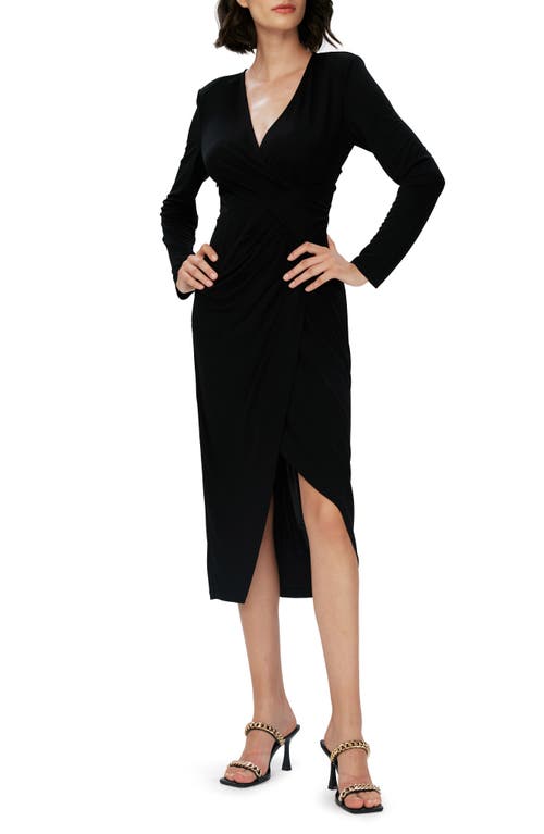 Nevine Long Sleeve Faux Wrap Dress in Black