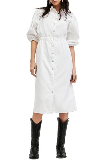 Allsaints Womens Chalk White Osa Puff-sleeve Elasticated-waist Denim Midi Dress In Chalk White