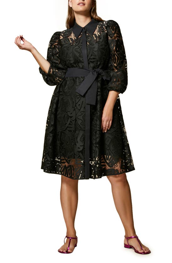 Marina Rinaldi Plus Size Danubio Belted Lace Midi Shirtdress In Black |  ModeSens