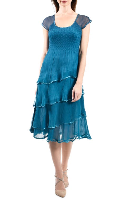 Cap Sleeve Tiered Chiffon & Charmeuse Midi Dress in Peacock Blue Ombre
