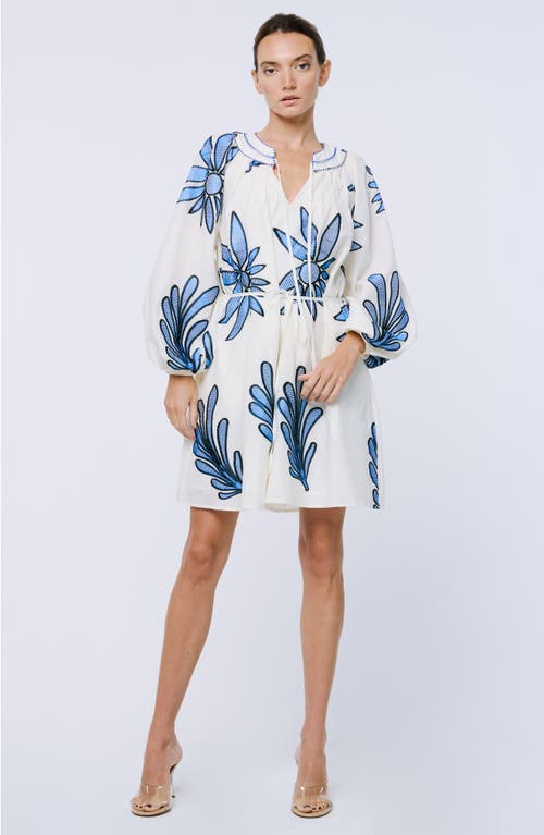 Shop Ciebon Viena Embroidered Long Sleeve Cotton Minidress In Stone/blue