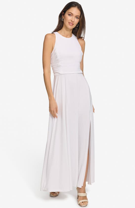 Shop Dkny Ruched Mesh Trim Sleeveless Maxi Dress In White