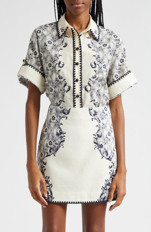 ALEMAIS Airlie Floral Cotton & Silk Button-Up Shirt Navy/Cream at Nordstrom,