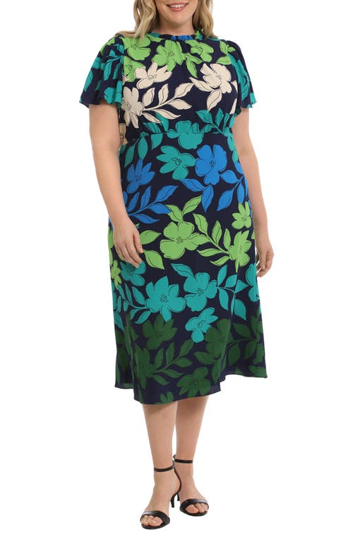 Maggy London Floral Midi Dress in Navy/Parasailing