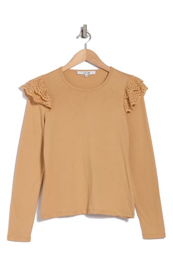 Joe's Eyelet Ruffle Long Sleeve Top In Camel