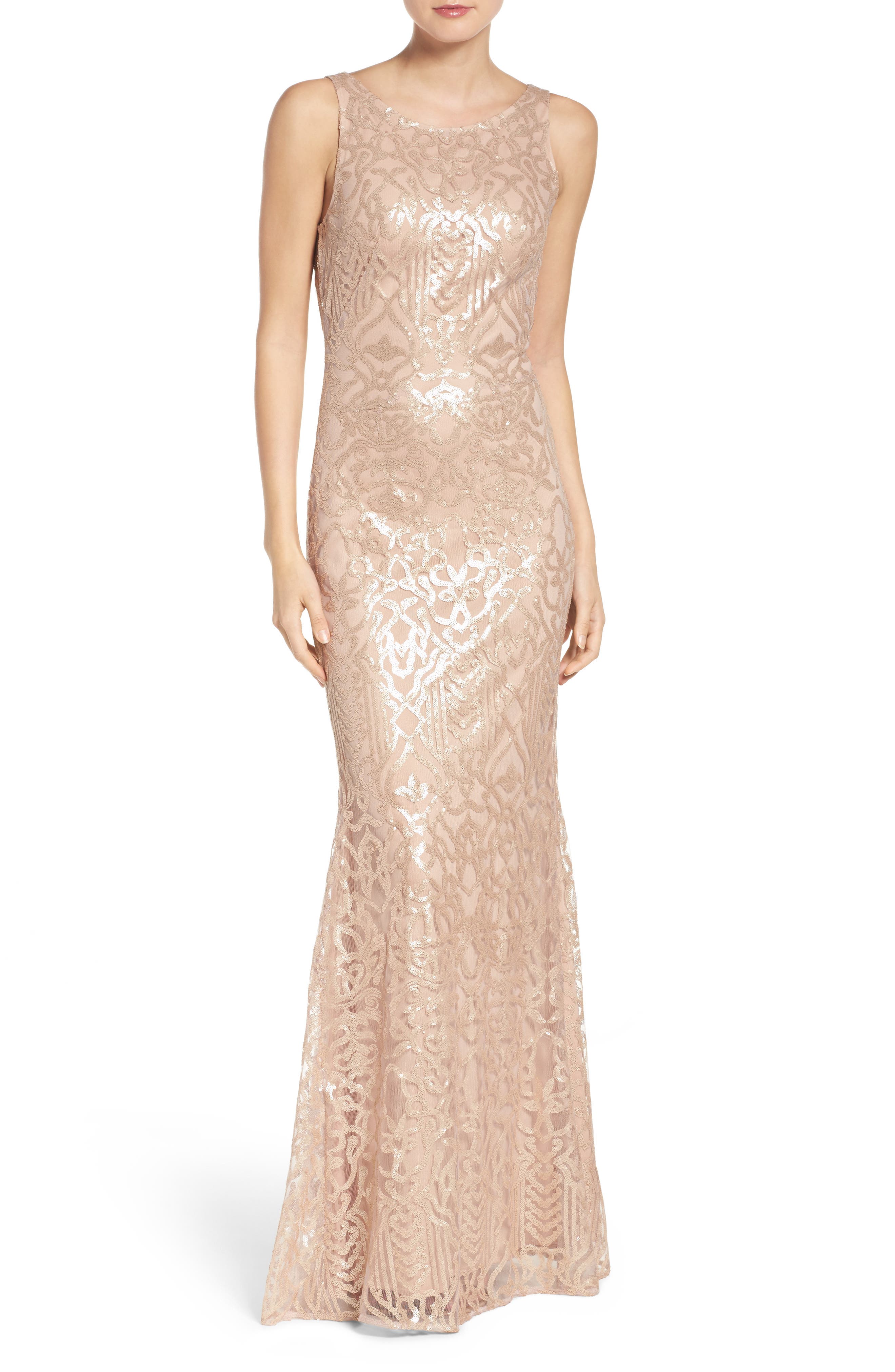 Wtoo Sequin Embroidered Cowl Back A-Line Gown