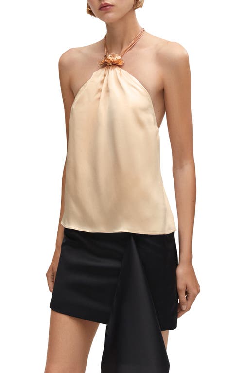 MANGO Metallic Flower Detail Halter Top in Ecru at Nordstrom, Size Medium