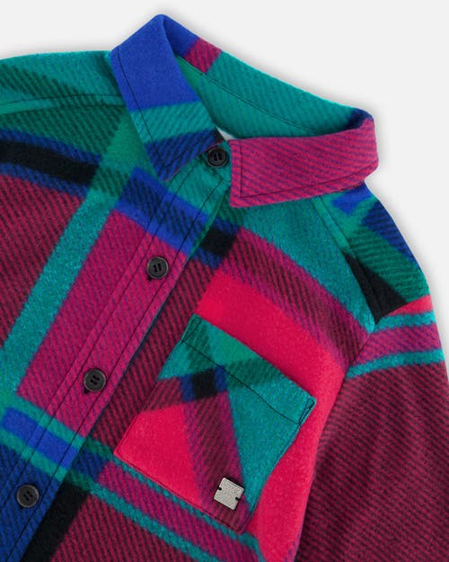 Shop Deux Par Deux Little Girl's Button Down Polar Fleece Tunic Shirt Plaid Turquoise And Pink In Plaid Teal & Lilac