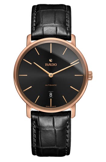 Shop Rado Diamaster Automatic Leather Strap Watch, 41mm In Black/black/rose Gold