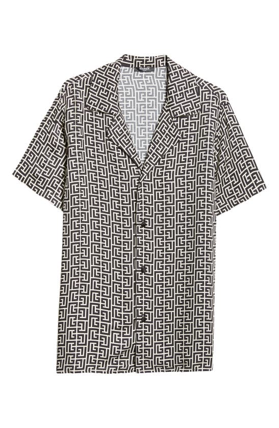 Shop Balmain Monogram Print Short Sleeve Button-up Camp Shirt In Ivory/ Black
