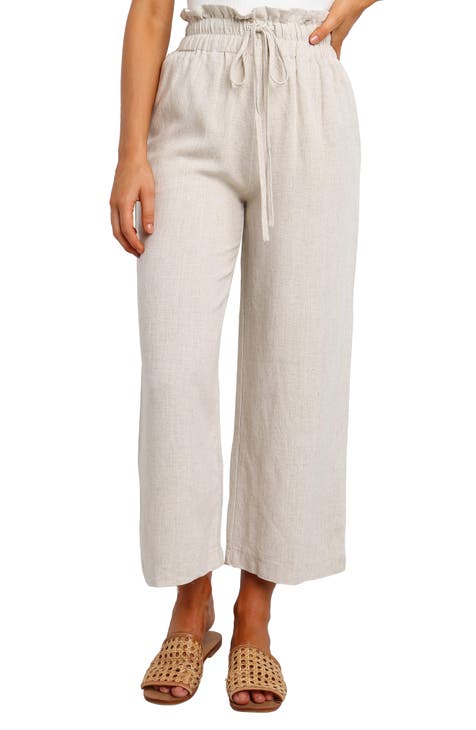 Summer Breathable Crop Capris Ruched Button Down Elastic Western Casual  High Waisted Pants Cropped Trendy Wide Leg