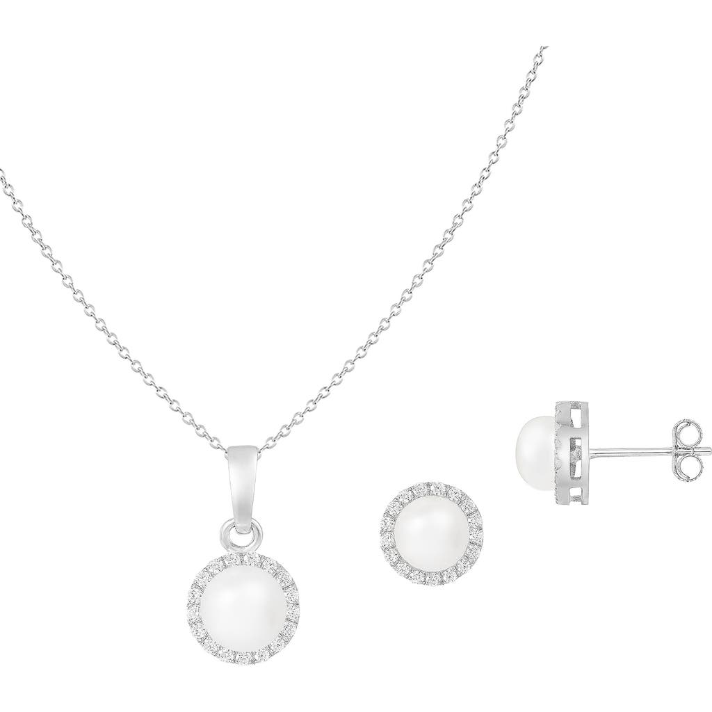 Splendid Pearls Halo Freshwater Pearl Pendant Necklace & Stud Earrings Set In White