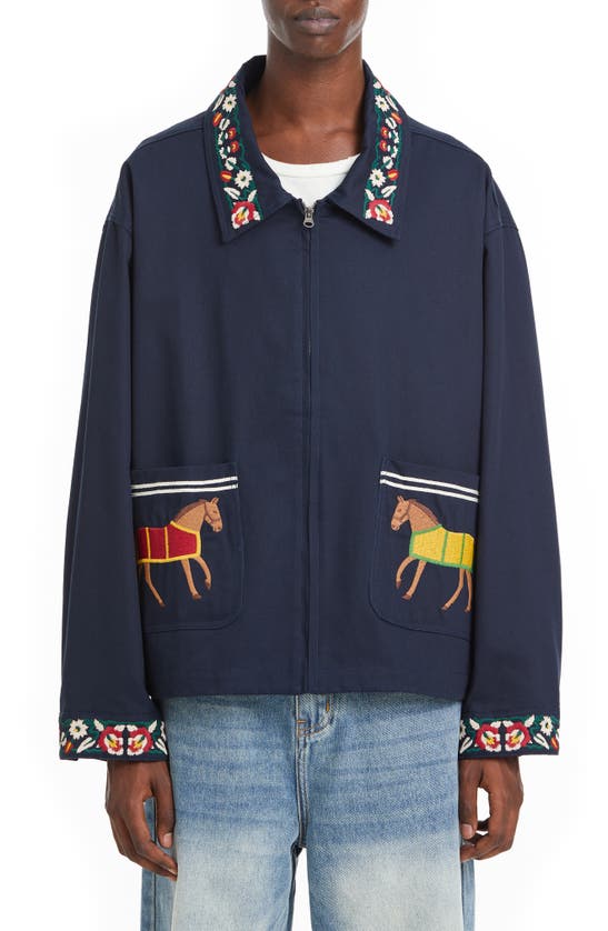 Found Horse Embroidered Cotton Zip-up Jacket In Navy