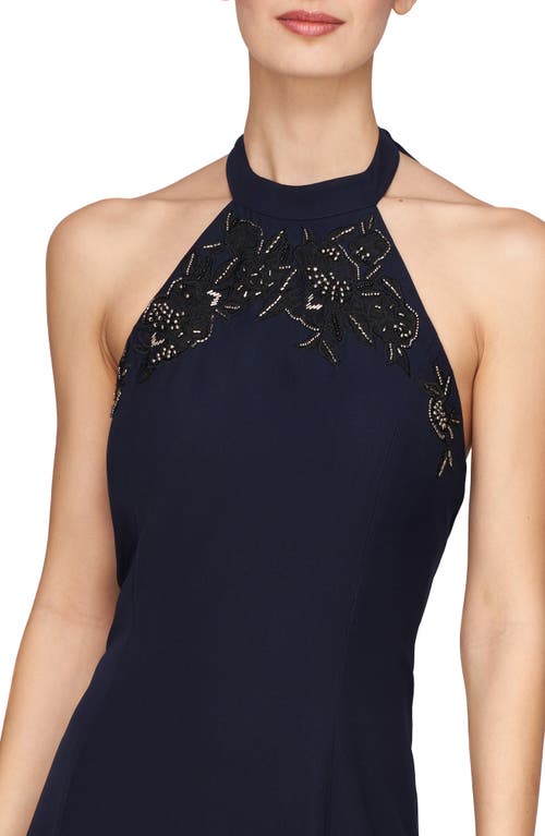 Shop Kay Unger Josephina Beaded Lace Detail Halter Neck Gown In French Navy