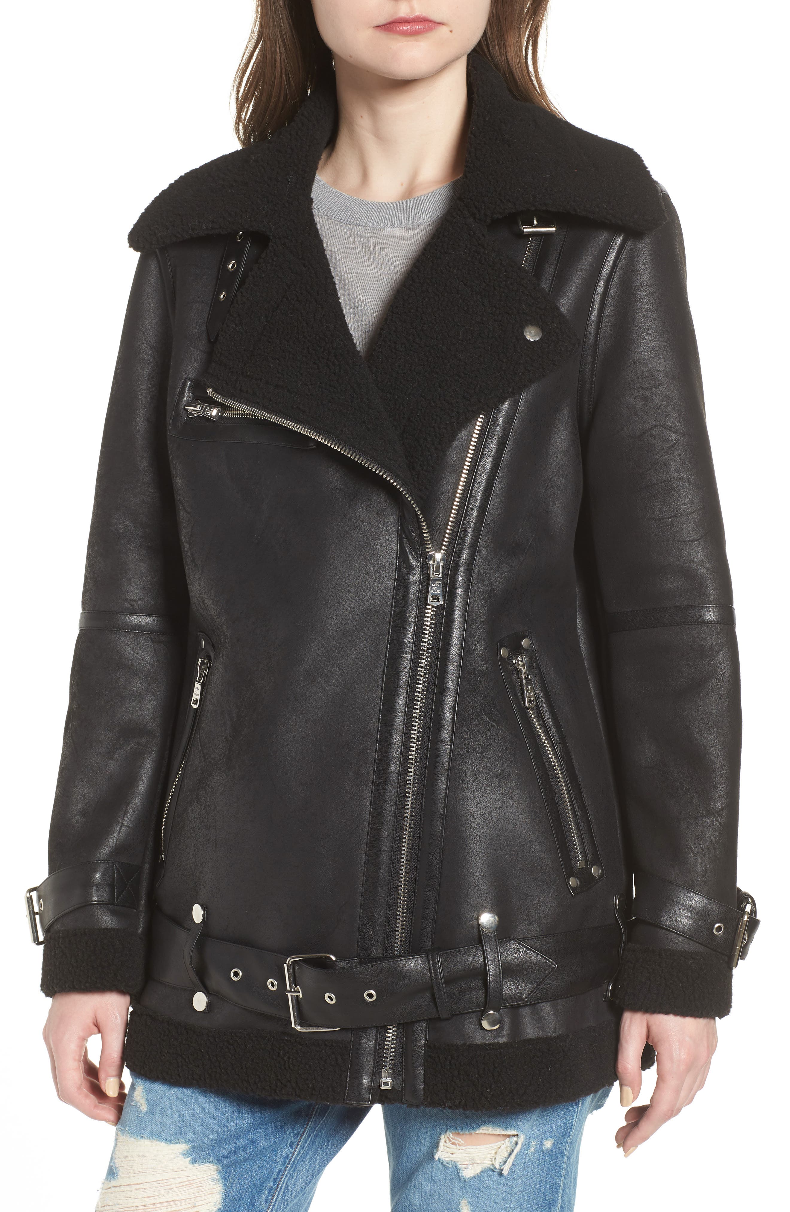 AVEC LES FILLES | Faux Shearling Lined Faux Leather Biker Jacket ...