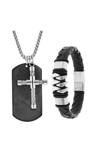 Shop American Exchange Cross Pendant Necklace & Bracelet Set In Silver/black