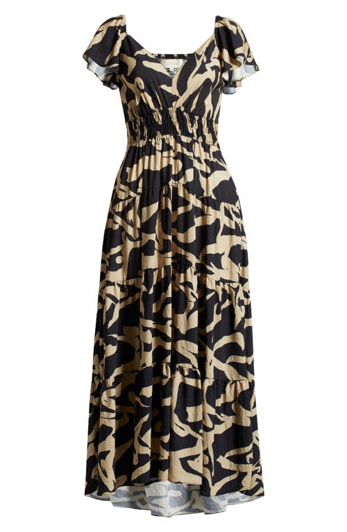 Melloday Printed Shirred Waist Tiered Maxi Sundress In Black/taupe Print