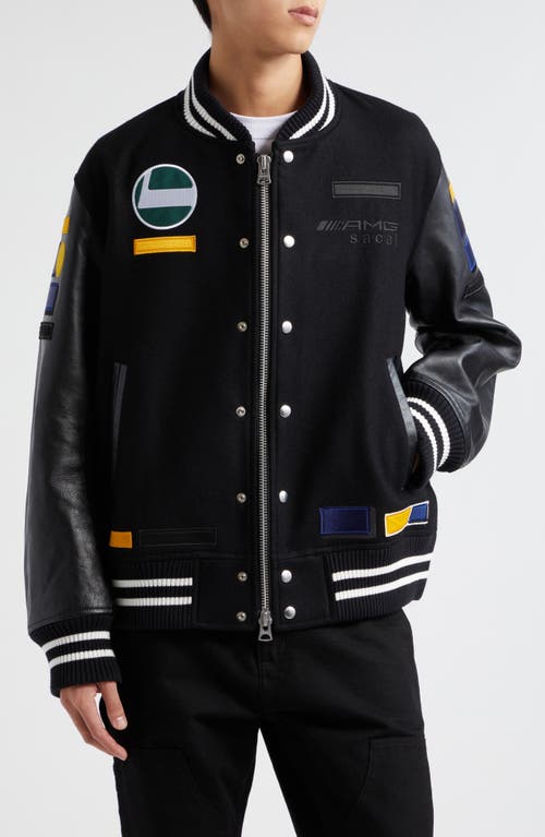 AMG Patch Wool & Leather Varsity Jacket in Black