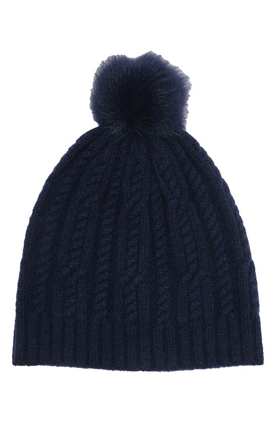 Shop Sofia Cashmere Cashmere Cable Knit Genuine Shearling Pompom Beanie In Navy