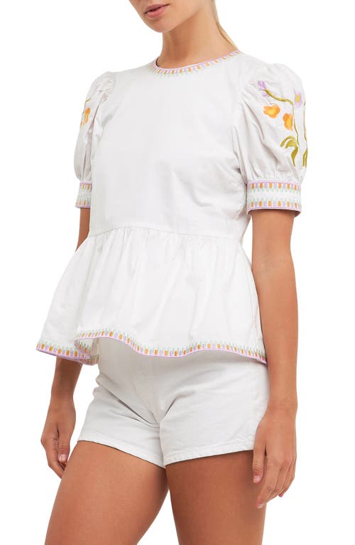 Shop English Factory Embroidered Peplum Cotton Top In Ivory/multi