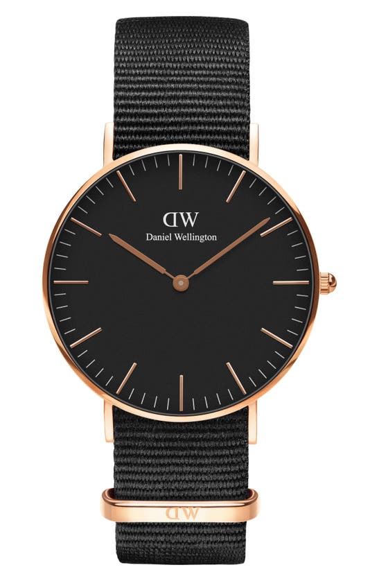 Daniel Wellington Classic Cornwall Nato Strap Watch, 36mm In Rose Gold/ Black