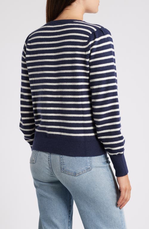 Shop Caslonr Caslon(r) Puff Sleeve Cotton Blend Crewneck Sweater In Navy- Ivory Pinstripe