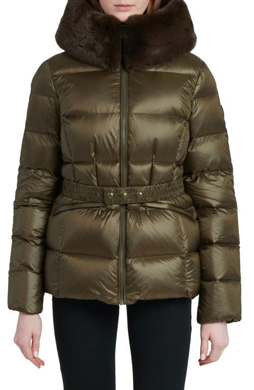 The Recycled Planet Company Lux Faux Fur Lined Water Resistant Recycled Nylon Down Puffer Jacket in Olive 