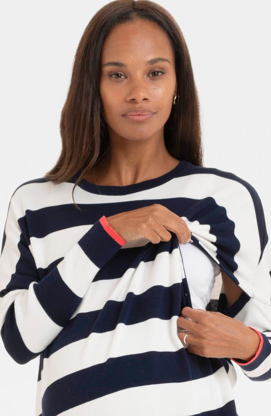 Shop Seraphine Boxy Stripe Maternity/nursing Sweater In Navy Stripe