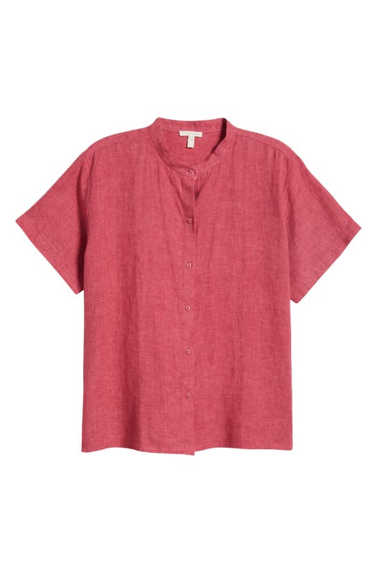 Shop Eileen Fisher Band Collar Organic Linen Button-up Shirt In Geranium