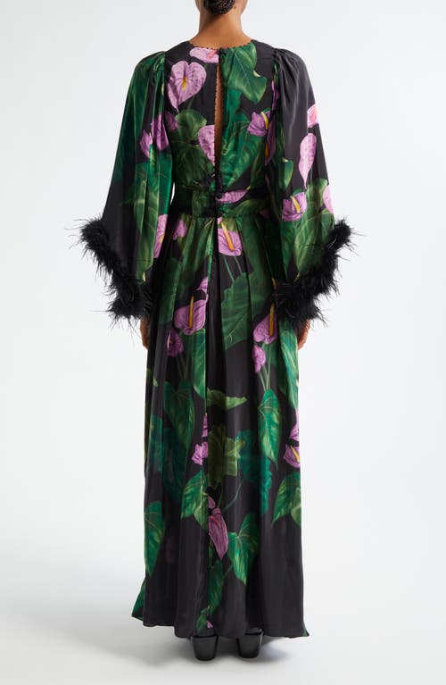 FARM RIO FARM RIO ANTHURIUM FEATHER TRIM CAFTAN DRESS 