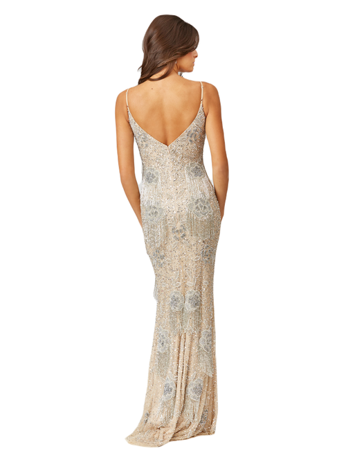 Lara New York Danika Floral Beaded Sheath Beaded Dress With Beaded Fringe In Nudesilver