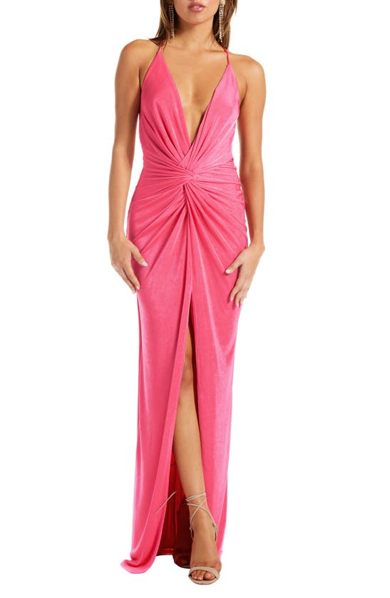 Katie May Pixie Plunge Neck Twist Front Gown In Pink Peacock