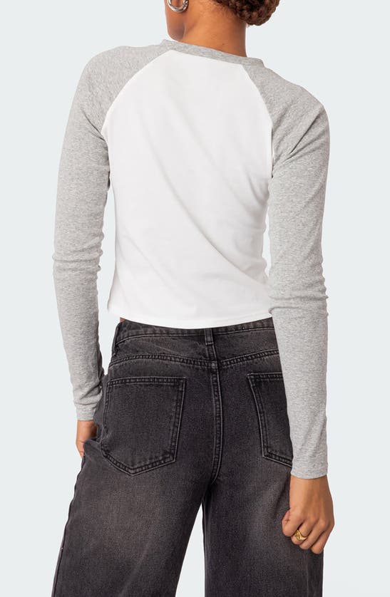 Shop Edikted Raya Long Sleeve Crop Cotton Baseball T-shirt In White/grey