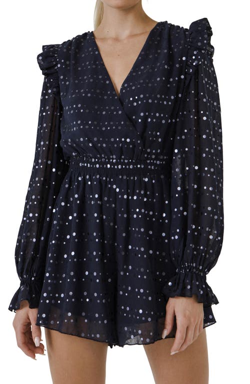 Endless Rose Dot Print Long Sleeve Chiffon Romper In Navy