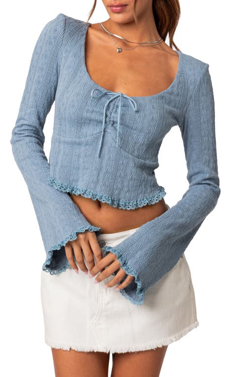 EDIKTED Lacey Ruched Bell Sleeve Stretch Cotton Crop Top Blue at Nordstrom,