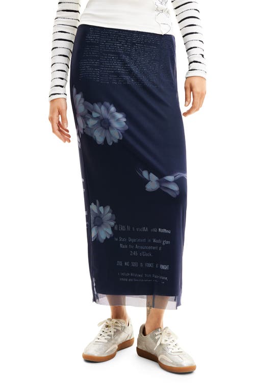 Fal Nona Text & Floral Print Mesh Skirt in Blue