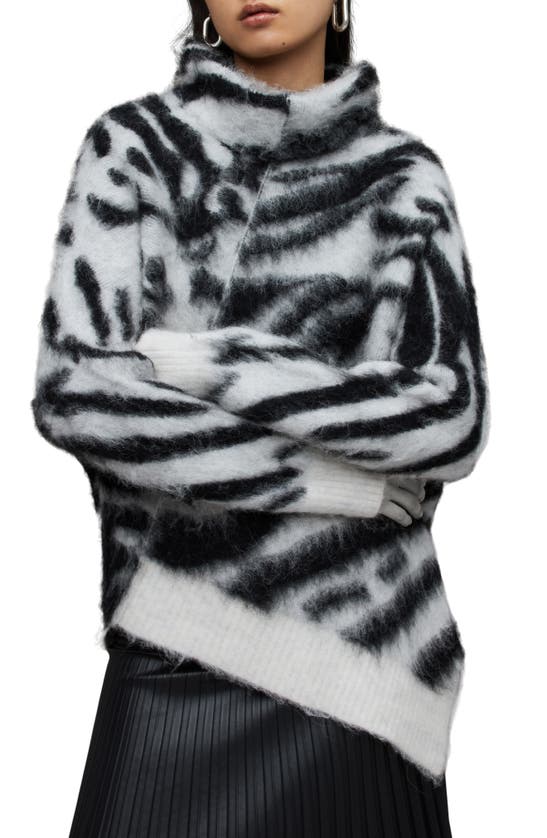 Allsaints Zebra Pattern Asymmetric Turtleneck Sweater In Chalk White/ Black