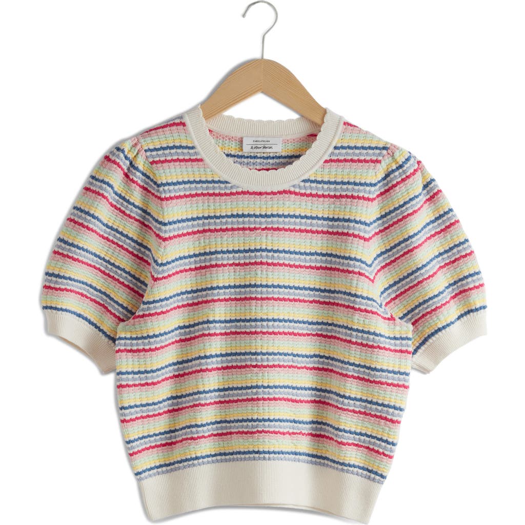& Other Stories Stripe Puff Sleeve Sweater In Pink Bright