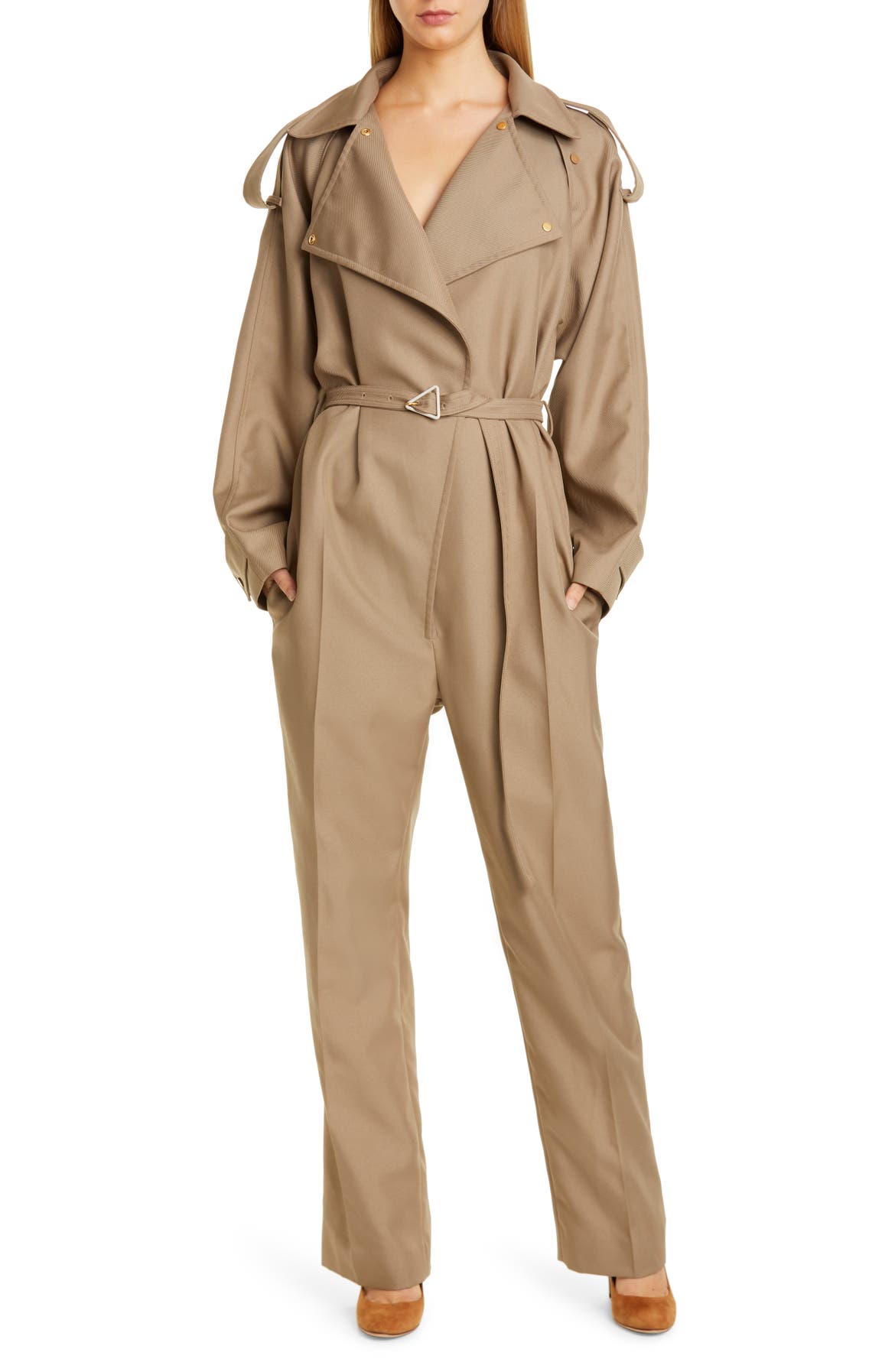BOTTEGA VENETA Belted Tricot Jumpsuit, Main, color, 9766 DARK SAND