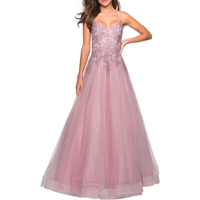 La Femme Lace & Tulle Flared Evening Gown, Purple