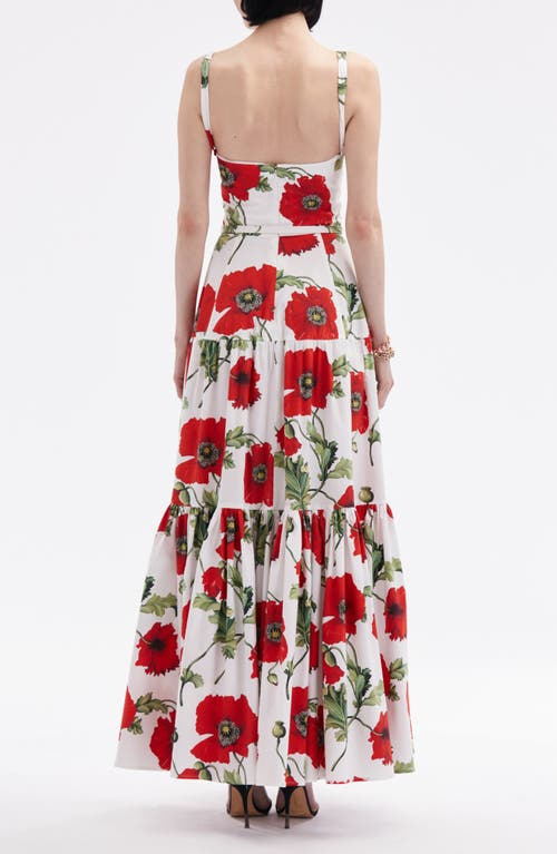 Shop Oscar De La Renta Poppy Print Belted Tiered Stretch Cotton Dress In White/red