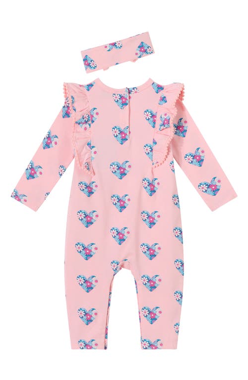 Shop Andy & Evan Heart Print Cotton Romper & Headband Set In Pink