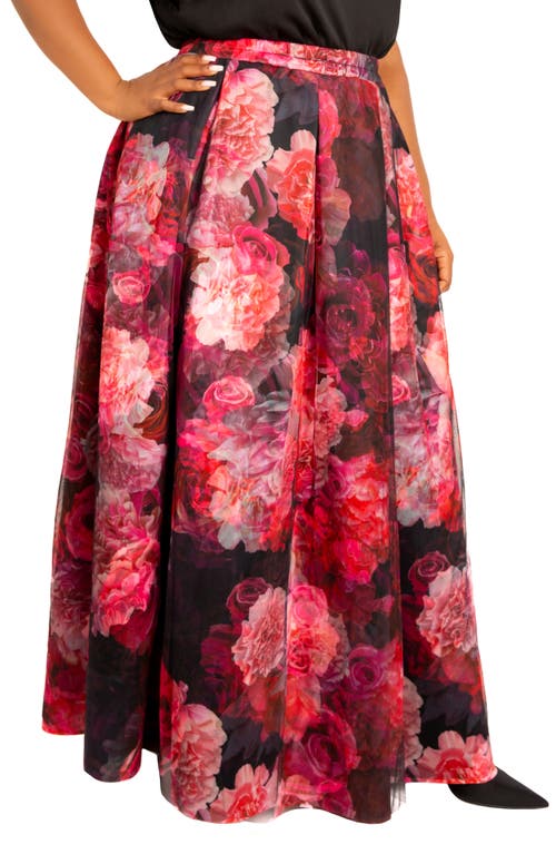 Shop Buxom Couture Floral Print Scuba Knit & Organza Maxi Skirt In Black Multi