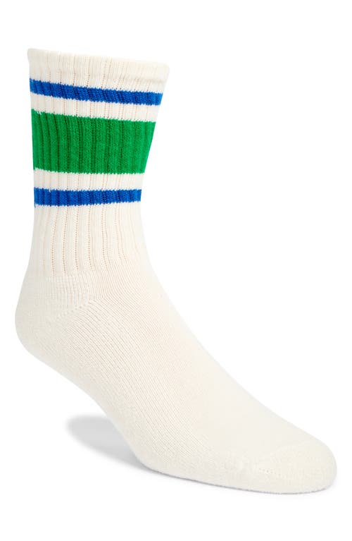 Retro Stripe Cotton Blend Crew Socks in White/Forest/Amber