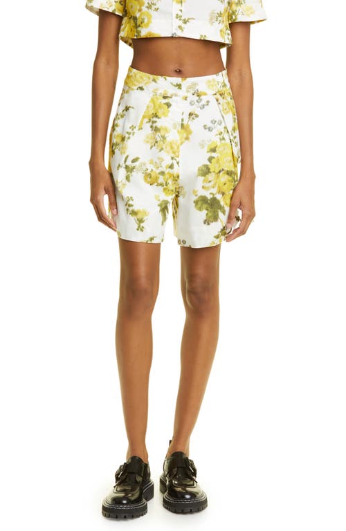 Erdem Floral Print Tailored Cotton Poplin Shorts in Soft Blossom Yellow