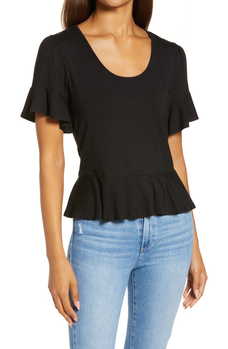 LOVEAPPELLA Scoop Neck Peplum Top, Main, color, BLACK
