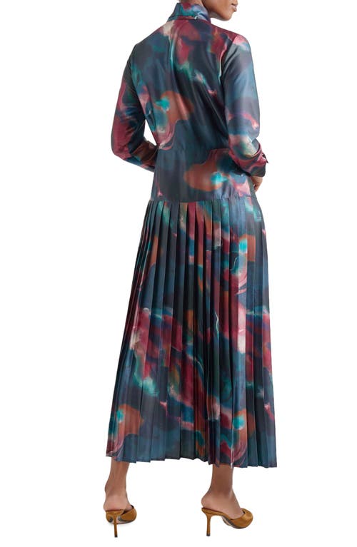 Shop Misook Tie Neck Long Sleeve Pleated Maxi Dress In Marine Teal/violet