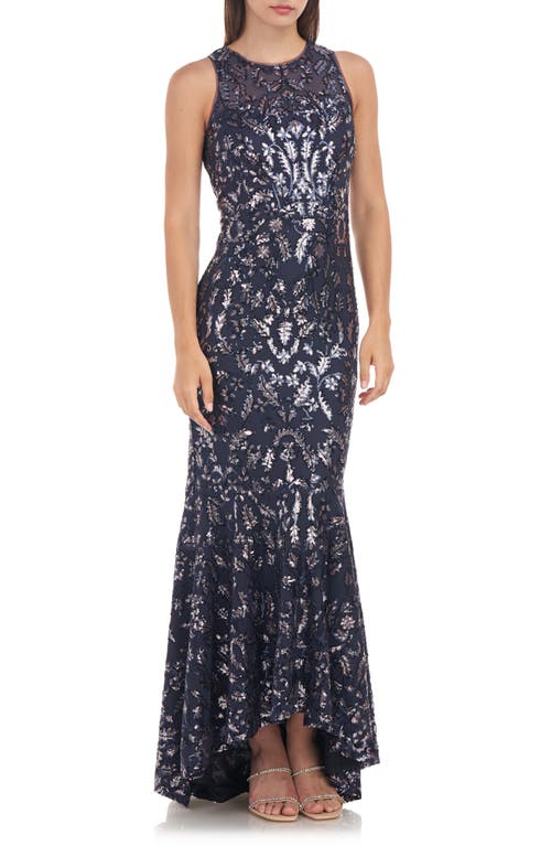 JS Collections Sloane Floral Sequin High-Low Gown in Navy/Blush