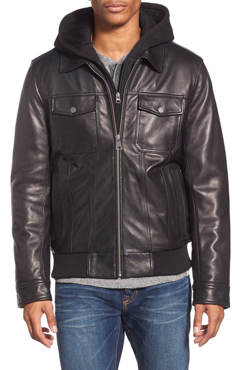 Black Rivet Leather Jacket With Hood Images