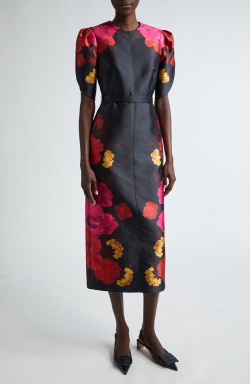 Shop Erdem Floral Print Tulip Sleeve Twill Dress In Black